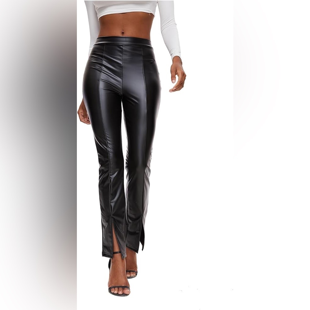 Faux Leather Flared Leg and Split Hem Leggings